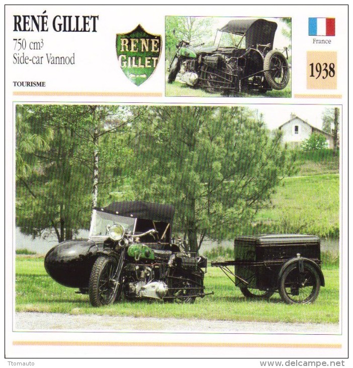 Fiche Moto  -  Réne Gillet 750 Side-car Vannod  -  1938  -  Carte De Collection - Motos