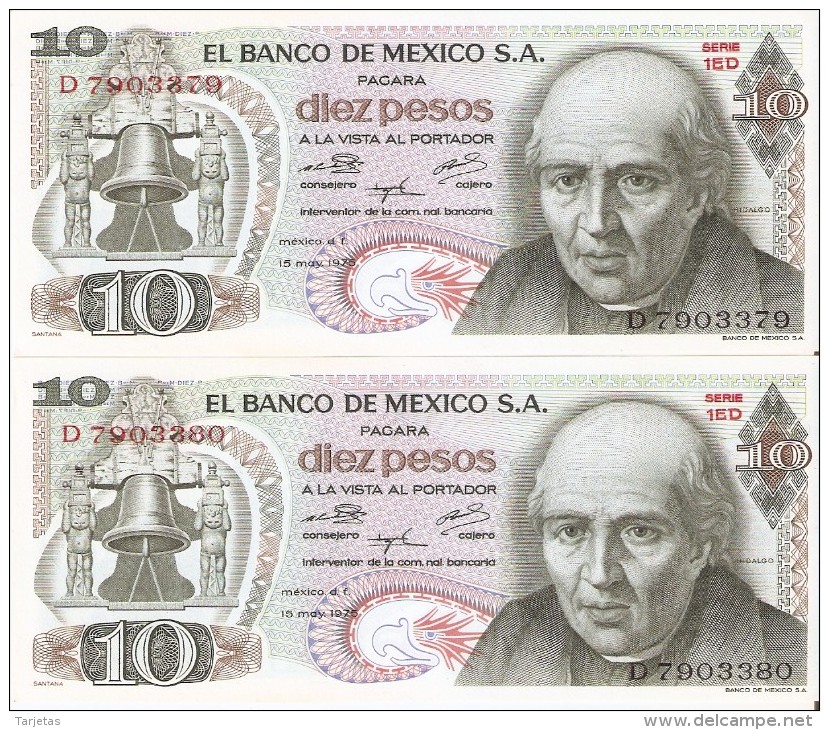PAREJA CORRELATIVA DE MEXICO DE 10 PESOS DEL AÑO 1975 (BANKNOTE)  SIN CIRCULAR-UNCIRCULATED - México