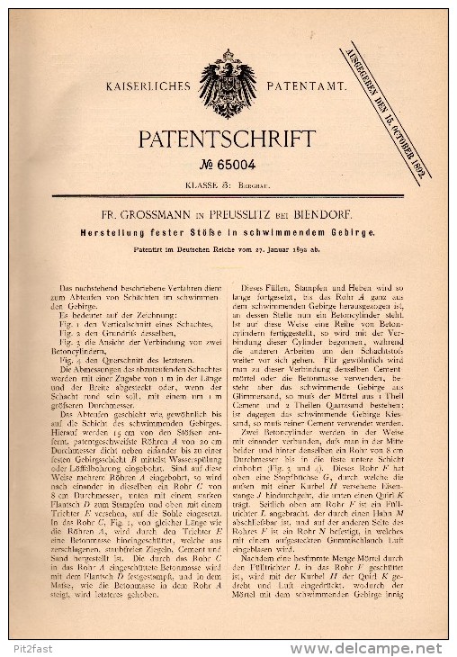 Original Patent -  Fr. Grossmann In Preußlitz B. Bernburg , 1892 , Schächte Für Schwimmendes Gebirge , Bergbau !!! - Historische Dokumente