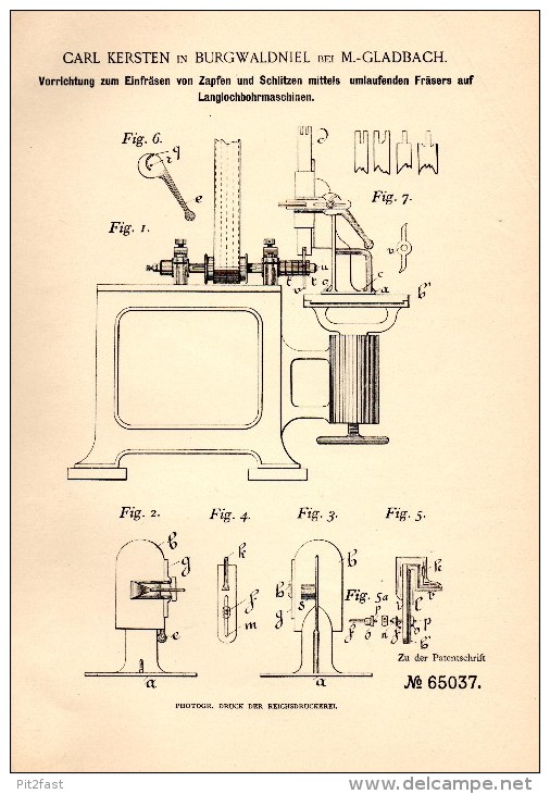 Original Patent -  Carl Kersten In Burgwaldniel B. Schwalmtal ,1892, Langlochbohrmaschine Zum Fräsen , Holz , Tischlerei - Machines