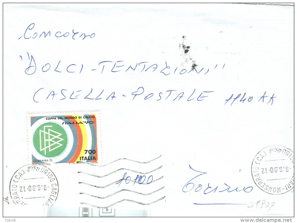 STORIA POSTALE, ITALIA 90 £.700, S 1909,ISOLATO IN TARIFFA LETTERA 1°PORTO,  POSTE CAGLIARI X TORINO, - 1981-90: Marcophilia