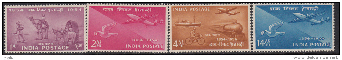 India MH 1954, Set Of 4, Centenery, Airplane, Train, Ship. Camel, Etc., White Gum - Nuovi