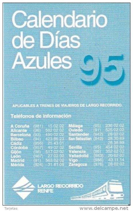 CALENDARIO DEL ESPAÑA DE RENFE DEL AÑO 1995 (CALENDRIER-CALENDAR) TREN-TRAIN-ZUG - Formato Piccolo : 1991-00