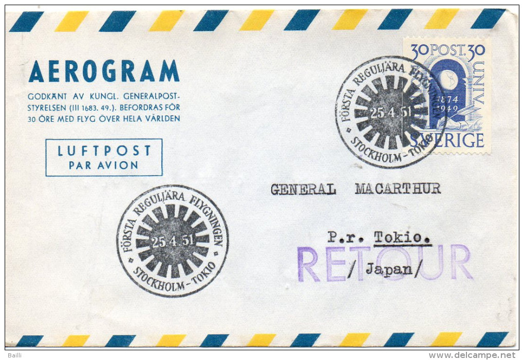 SUEDE LETTRE AVIATION STOCKHOLM-TOKIO 1951 - 1930- ... Francobolli In Bobina II