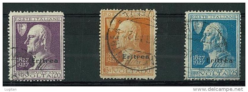 ERITREA - ANNO 1927 - VOLTA - FRANCOBOLLI DI REGNO SOPRASTAMPATI - 3 VALORI USATI - SASS. 120/122 - CANCELLED - Eritrea