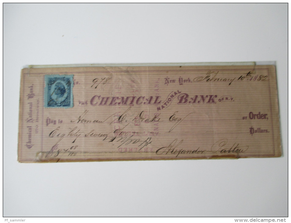 Bank Check Chemical National Bank 1882. New York. Mit Fiskalmarke. 87 Dollars - Sonstige & Ohne Zuordnung