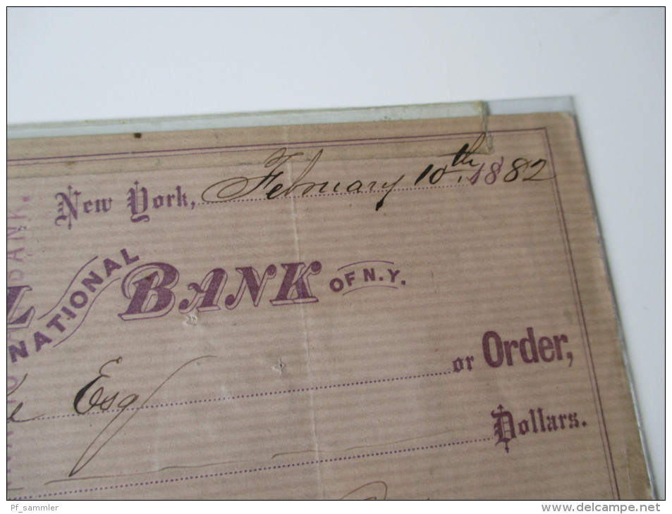 Bank Check Chemical National Bank 1882. New York. Mit Fiskalmarke. 87 Dollars - Otros & Sin Clasificación