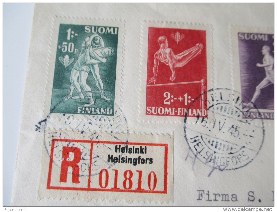 Finnland Registered Letter 1945 Sport FDC Nr. 286-290. Satzbrief Nach Schweden. Echt Gelaufen. 4 Stempel! - Cartas & Documentos