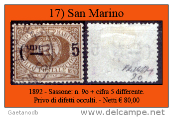 San-Marino-0017 - 1892-Sassone: N.9o "i" Capovolta, Più (cifra 5 Differente). Privo Di Difetti Occulti. - Usados