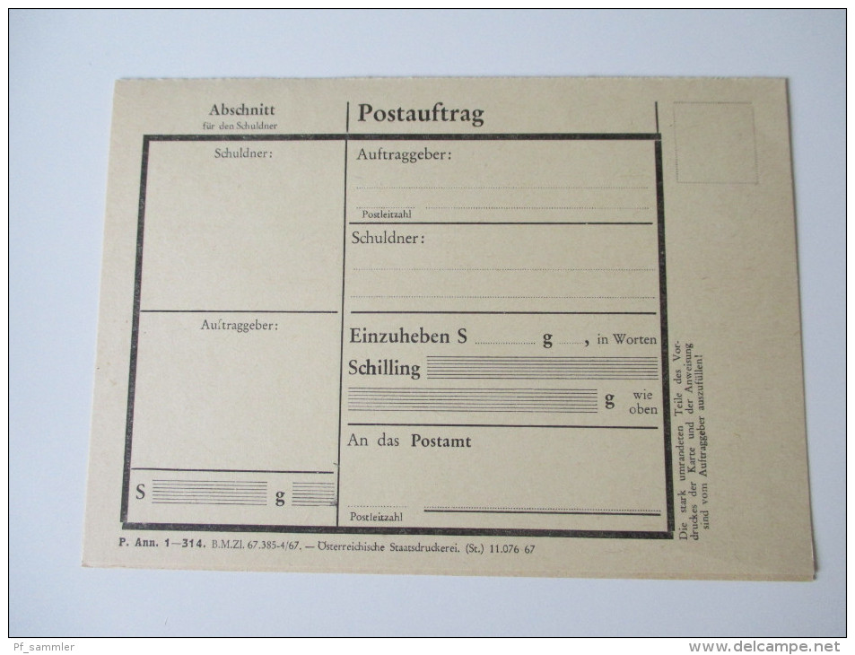 Postauftrag / Auftragspostanweisung Formular Ungebraucht Österreichische Staatsdruckerei 1967 - Storia Postale