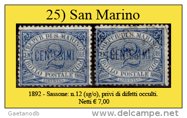 San-Marino-0025 - 1892-Sassone: N.12 (sg/o), Privi Di Difetti Occulti. - Neufs