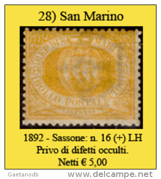 San-Marino-0028 - 1892-Sassone: N.16 (+) LH, Privo Di Difetti Occulti. - Neufs