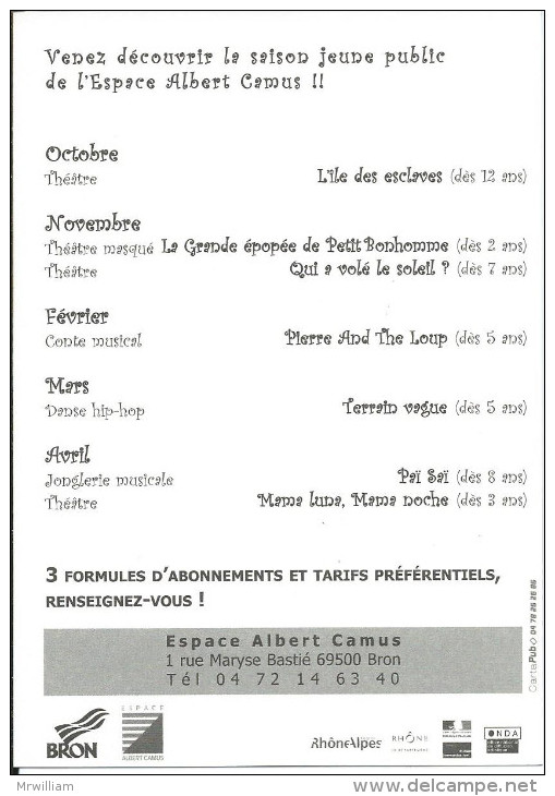 Carte Pub BRON 69, Espace Albert Camus, Saison Jeune Public  ( 2005 - 2006 ) - Bron