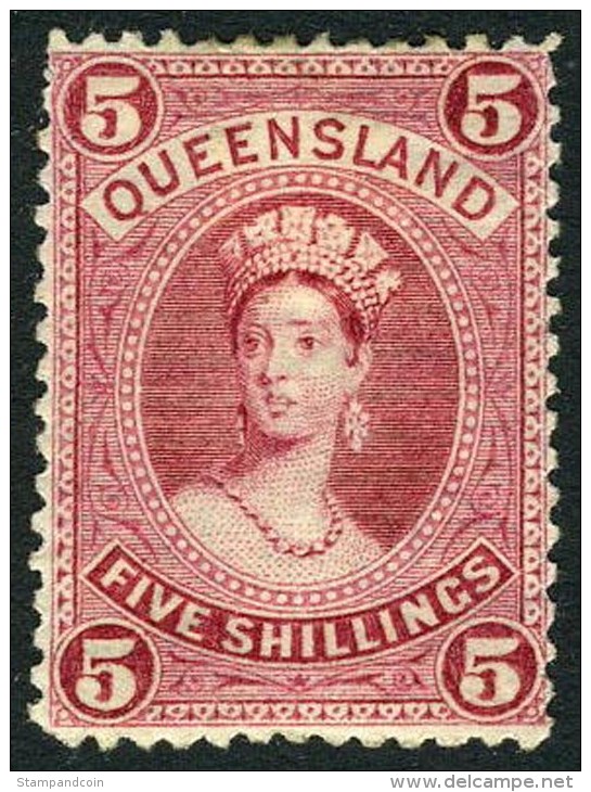 Queensland #76 Mint Hinged 5sh Carmine Rose Victoria From 1885 (thin Paper) - Ungebraucht