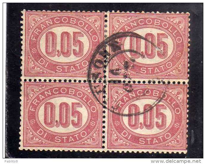 ITALIA REGNO ITALY KINGDOM 1875 SERVIZIO FRANCOBOLLO DI STATO SERVICE CENT. 5 (0,05) QUARTINA USATA BLOCK USED - Servizi