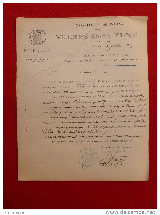 SAINT FLOUR MARIAGE DISSOUS DEGRACE & CASTELLAN 1917 Voir Manuscrit Verso - Historische Dokumente