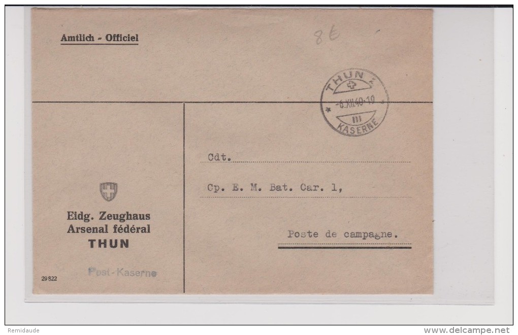 ENVELOPPE MILITAIRE SUISSE - 1940 - ARSENAL FEDERAL à THUN - Dokumente