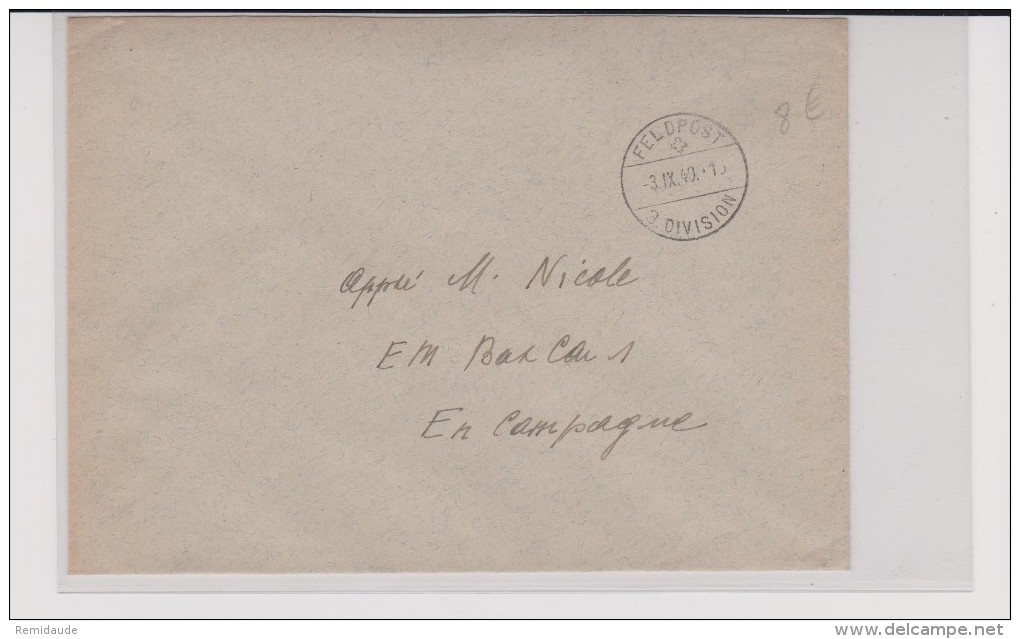 ENVELOPPE MILITAIRE SUISSE - 1940 - 3. DIVISION - POSTE DE CAMPAGNE - Dokumente