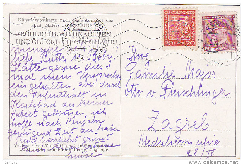 Tchéquie/ Noël Christmas Weihnachten / Artist Josh Fridrich / Fine Postmarked 1936 Fryvaldov Jesenik - Tchéquie