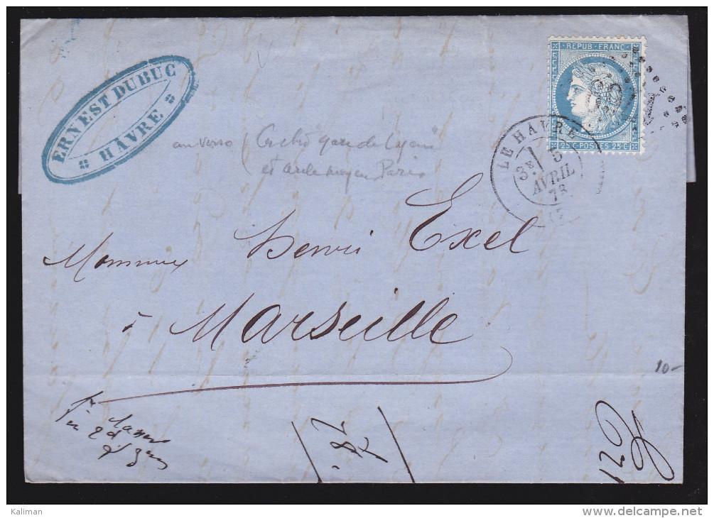 France - Lettre N° 60 Obl. - 1873 - GC 1768 Le Havre Cad / Paris Gare De Lyon - 1849-1876: Classic Period