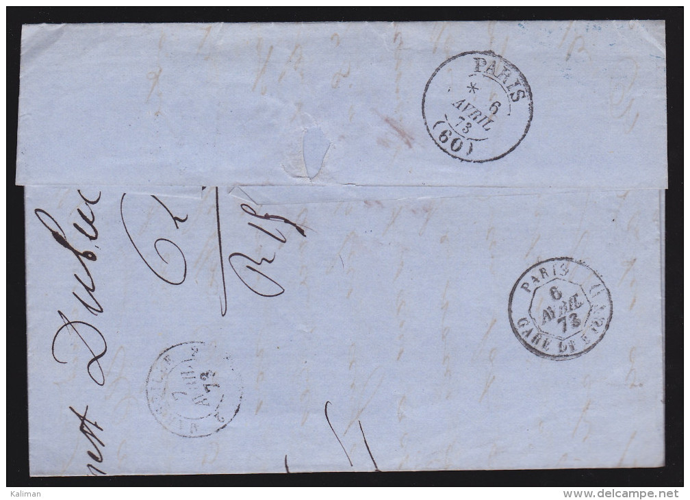 France - Lettre N° 60 Obl. - 1873 - GC 1768 Le Havre Cad / Paris Gare De Lyon - 1849-1876: Classic Period