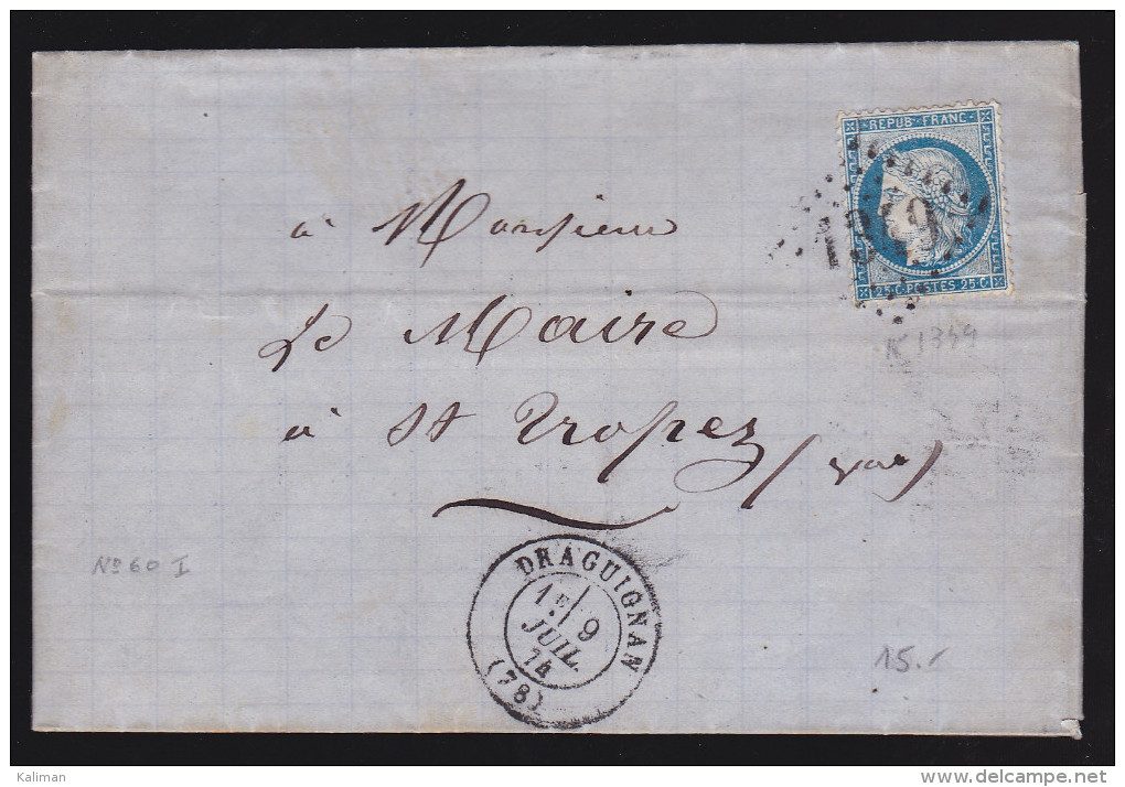 France - Lettre N° 60 Obl. - 1874 - GC 1349 Draguignan / Saint Tropez - 1849-1876: Période Classique