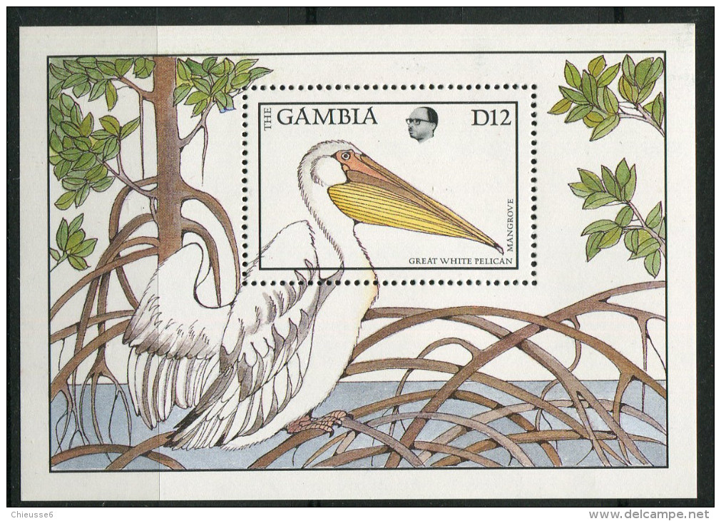 Gambie ** Bloc N° 45 - Faune Et Flore : Pélican Et Mangrove - Gambie (1965-...)