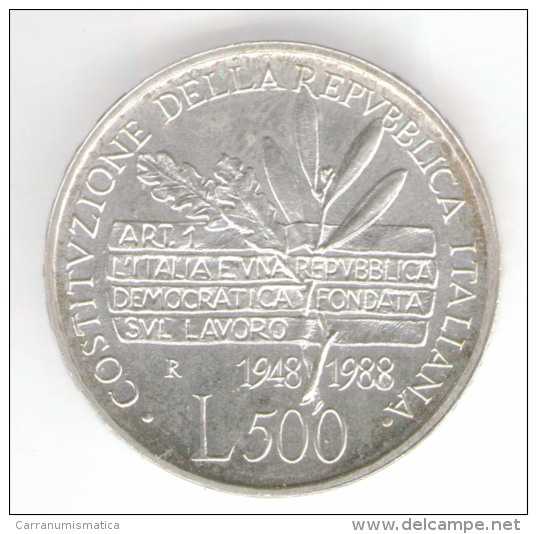 ITALIA 500 LIRE 1988 COSTITUZIONE DELLA REPUBBLICA ITALIANA AG SILVER - Commémoratives