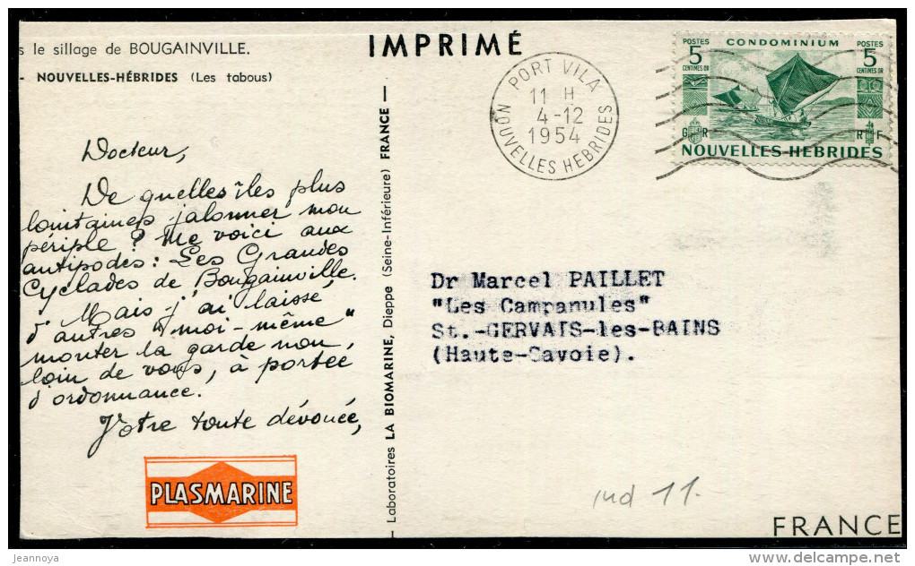 NOUVELLES HEBRIDES - N°144 / CP PUBLICITAIRE PLASMARINE, O.M. PORT VILA DU 4/12/1954, POUR LA FRANCE - TB - Briefe U. Dokumente