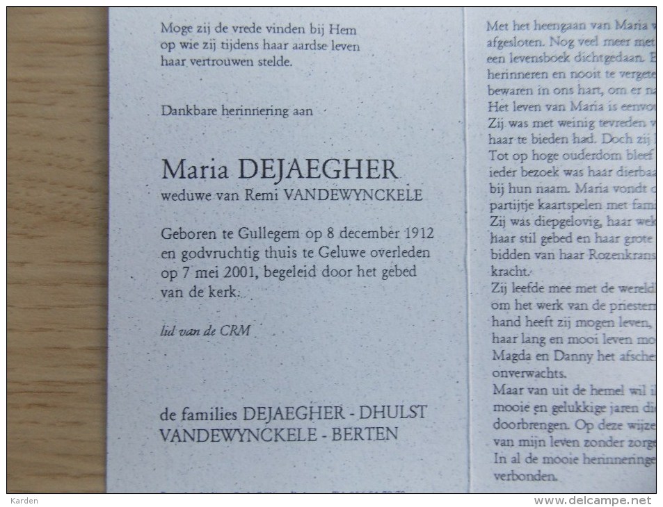 Doodsprentje Maria Dejaegher Gullegem 8/12/1912 - 7/5/2001 ( Remi Vandewynckele ) - Religion & Esotericism