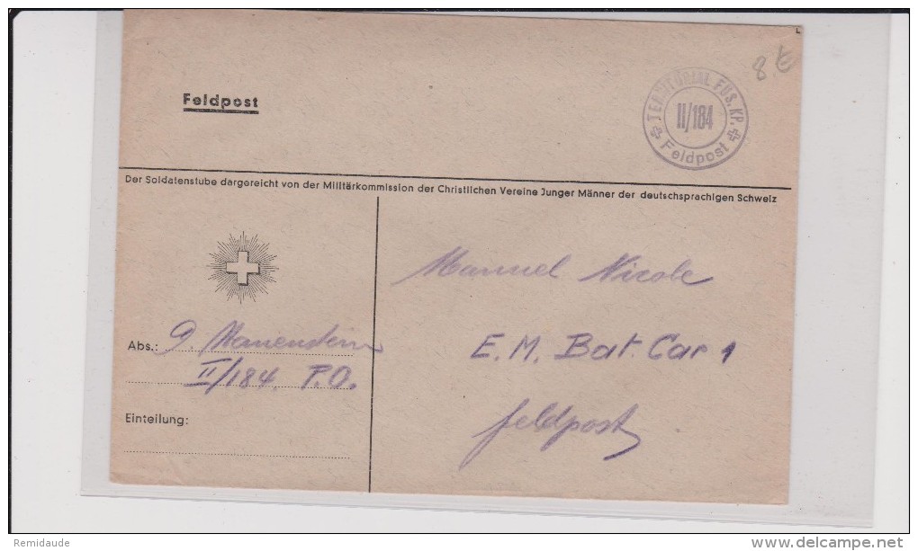 ENVELOPPE MILITAIRE SUISSE  - TERRITORIAL FUS. KP. II/184 - POSTE DE CAMPAGNE - Cartas & Documentos