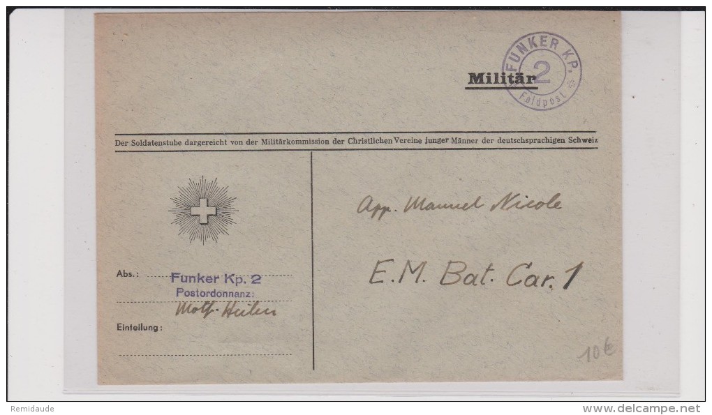 ENVELOPPE MILITAIRE SUISSE  - FUNKER KP. 2 - POSTE DE CAMPAGNE - Cartas & Documentos