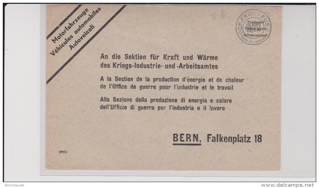 ENVELOPPE MILITAIRE SUISSE - CP. FRONT.FUS.III/212 - VEHICULES AUTOMOBILES - POSTE DE CAMPAGNE - BERNE - Dokumente