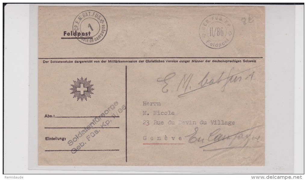 ENVELOPPE MILITAIRE SUISSE - GEB. FUS. KP. II/86 - POSTE DE CAMPAGNE - Cartas & Documentos