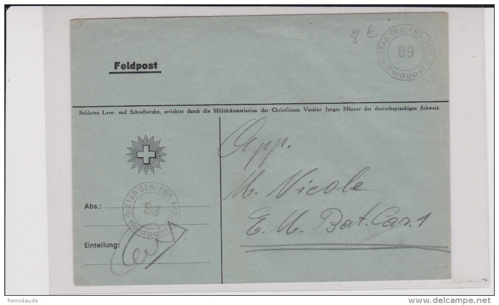 ENVELOPPE MILITAIRE SUISSE  - STAB GEB. FUS.BAT. 89 - POSTE DE CAMPAGNE - Documenti