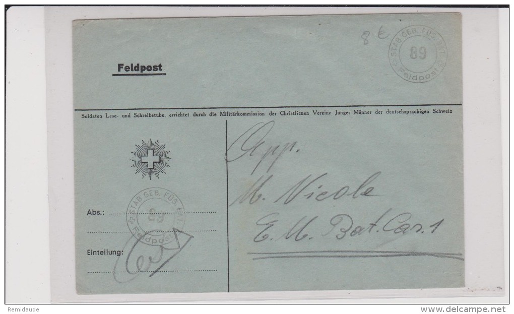 ENVELOPPE MILITAIRE SUISSE  - STAB GEB. FUS.BAT. 89 - POSTE DE CAMPAGNE - Dokumente