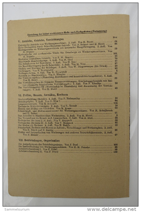 H.Birett "Der Elektrische Antrieb Von Werkzeugmaschinen" Nr. 54 Der Werkstattbücher, Von 1951 - Technical