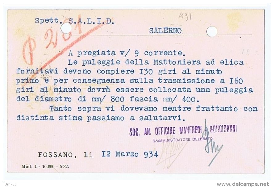 ITALY - FOSSANO - OFFICINE BONGIOVANNI- ADVERTISING POSTCARD 1934 - PERFIN STAMP - Altri & Non Classificati