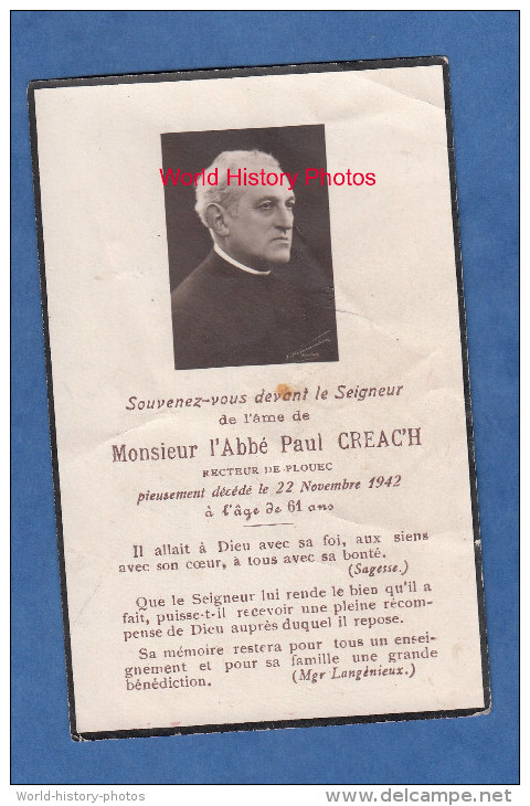 Carte Ancienne De Décés - PLOUEC Du TRIEUX ( Cotes D' Armor ) - Abbé Paul CREAC´H , Recteur - Décédé En 1942 - Décès