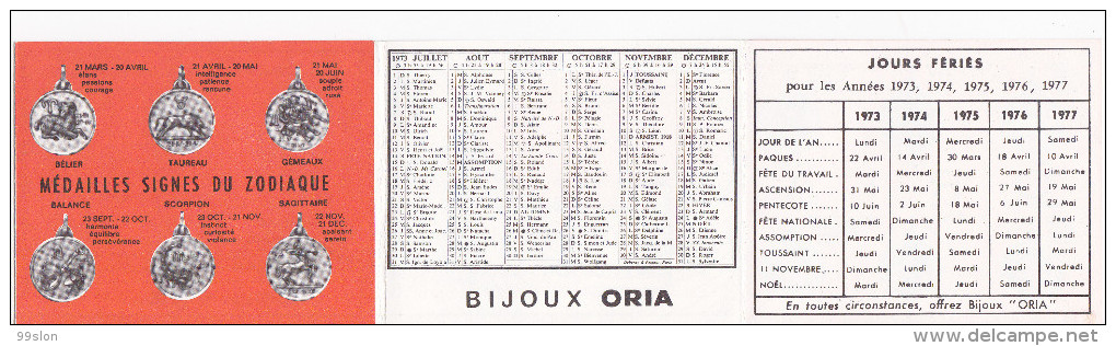 Calendrier Dépliant Publicitaire BIJOUX ORIA - 1973 - Kleinformat : 1971-80