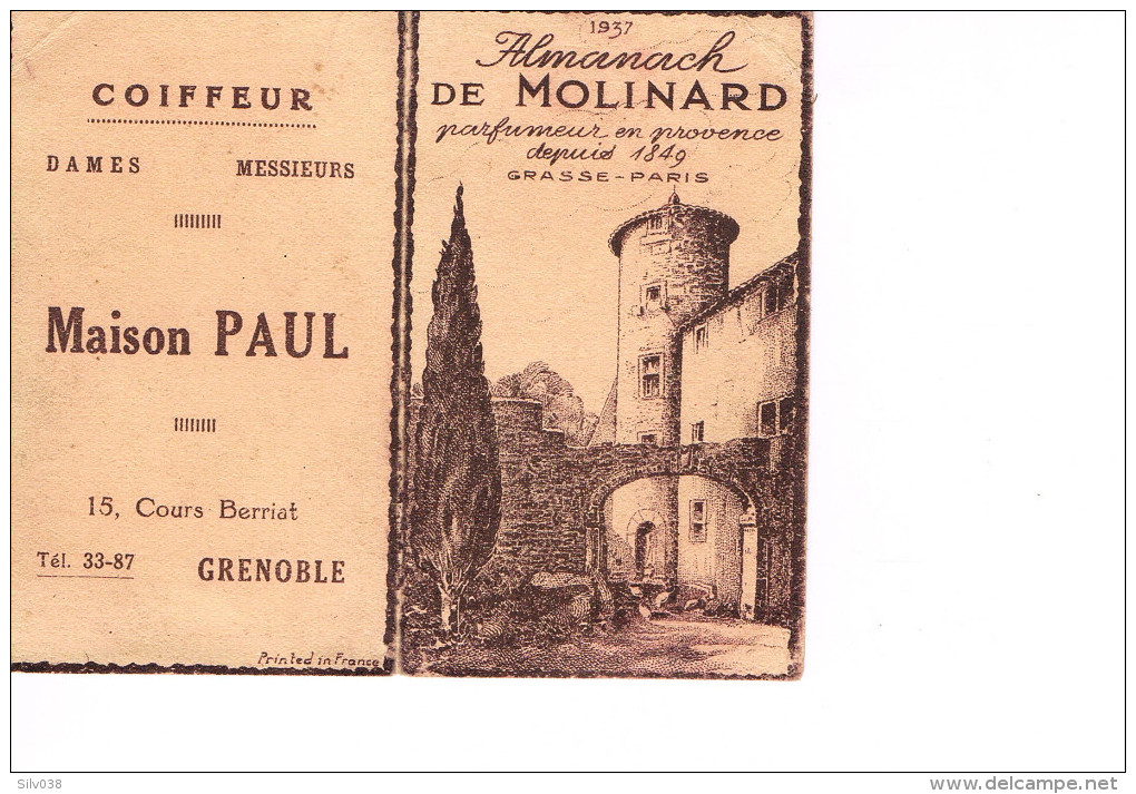 Calendrier Publicitaire 1937  Maison Paul 15 Cours Berriat Grenoble  Et De  Molinard Parfumeur De Provence  Petit Format - Grand Format : 1921-40