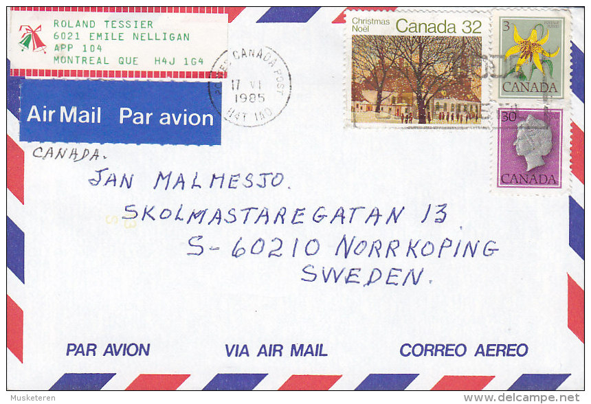 Canada Airmail Par Avion Label MONTREAL Quebec 1985 Cover To NORRKÖPING Sweden Basketball Vignette (2 Scans) - Airmail