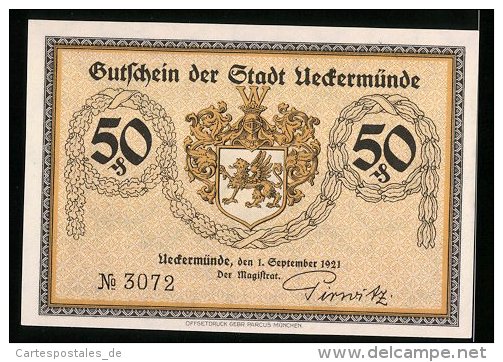 Billet De Nécessité Ueckermünde 1921, 50 Pfennig, Stadtwappen, Château - [11] Emissions Locales