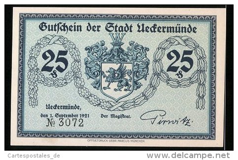 Billet De Nécessité Ueckermünde 1921, 25 Pfennig, Stadtwappen, Ziegelei - Lokale Ausgaben