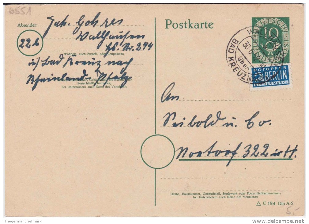 Bund Posthorn P 12 I B PSt I Stempel Wallhausen ü Bad Kreuznach 1952 - Postkarten - Gebraucht