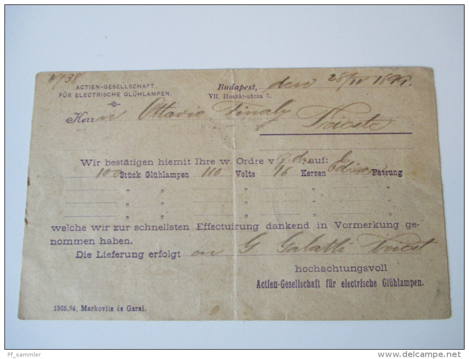 Budapest - Trieste 1899 Postkarte. Actien Gesellschaft Für Electrische Glühlampen. Firmenzudruck - Lettres & Documents