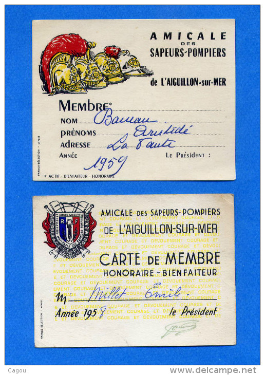 2 Cartes Membre Honoraire Bienfaiteur Illustrées Amicale Des Sapeurs Pompiers De L'Aiguillon Sur Mer - Pompiers