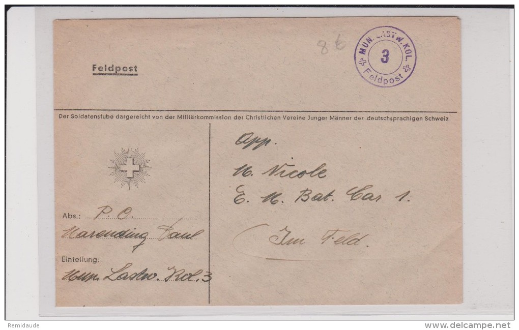 ENVELOPPE MILITAIRE SUISSE - MUN. LASTW. KOL. 3 - POSTE DE CAMPAGNE - Cartas & Documentos