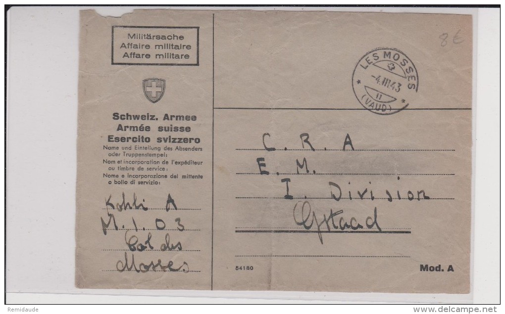 ENVELOPPE MILITAIRE SUISSE - DEVANT DE LETTRE - LES MOSSES (VAUD) - 1943 - POSTE DE CAMPAGNE - Documents