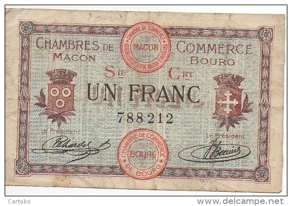Billlet De 1 Franc De La Chambre De Commerce De MACON - BOURG Sept 1915 - Chambre De Commerce